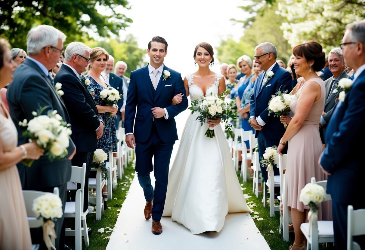 A bride and groom walk down the aisle together, surrounded by family and friends, as they begin their wedding procession