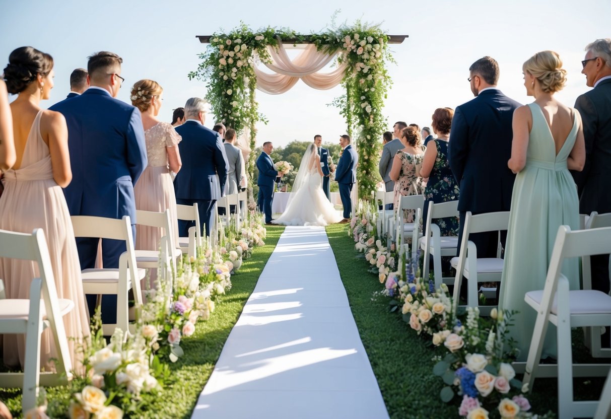 Guests use runners at outdoor wedding, lined with flowers and leading to a beautiful altar adorned with flowing fabric and greenery