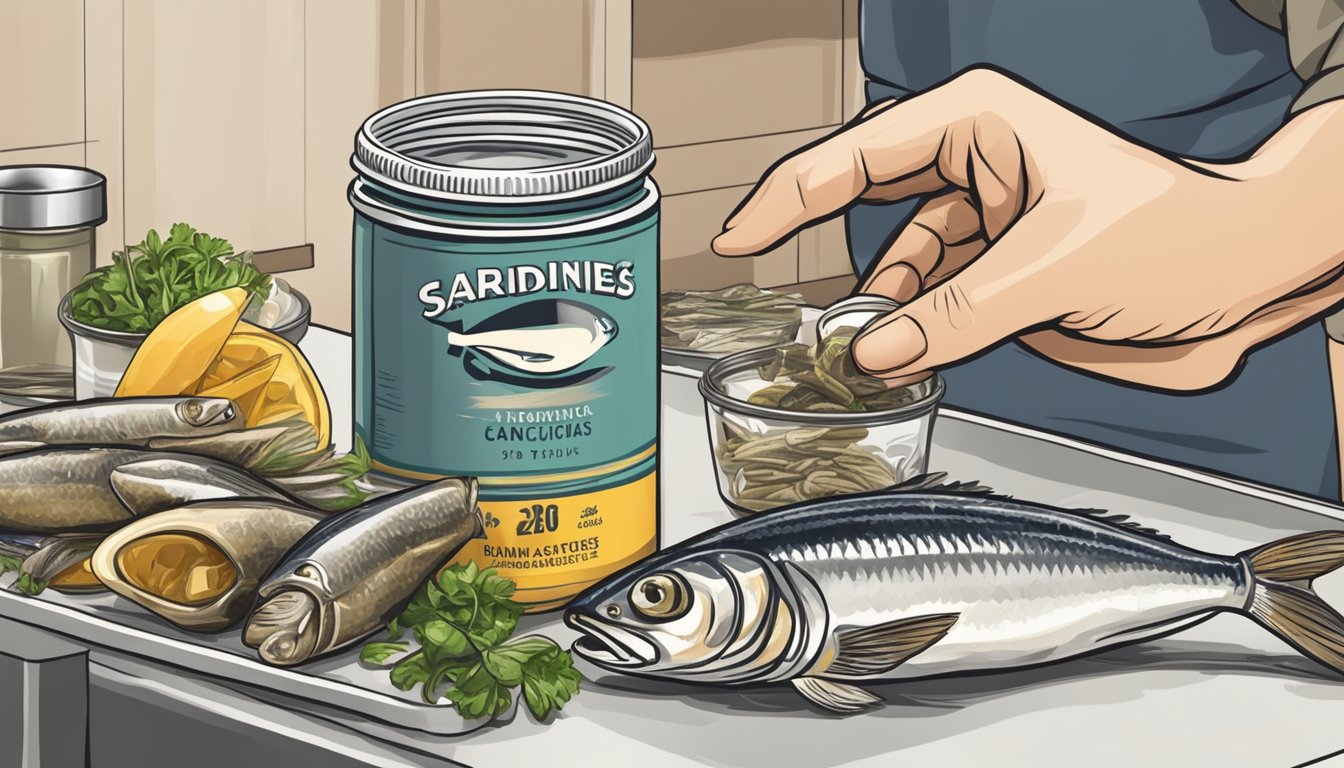 A hand reaching for a can of sardines next to a jar of anchovies on a kitchen counter