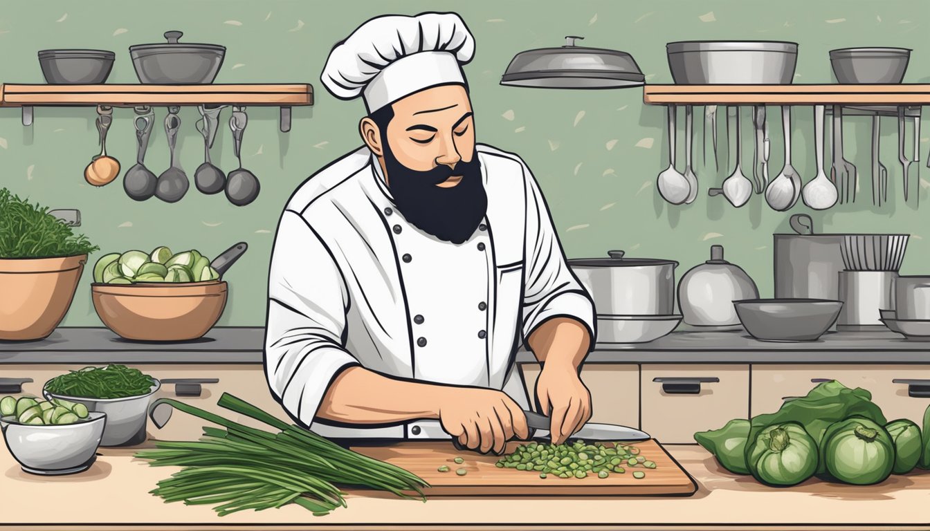 A chef chopping shallots instead of scallions for a recipe