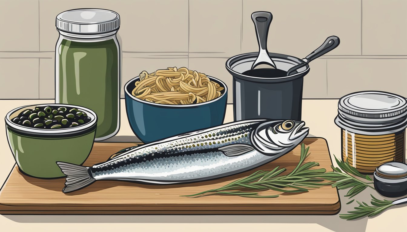 A can of sardines sits next to a bowl of pasta, a jar of olives, and a cutting board with fresh herbs. A chef's knife is poised to chop the sardines into a fine paste