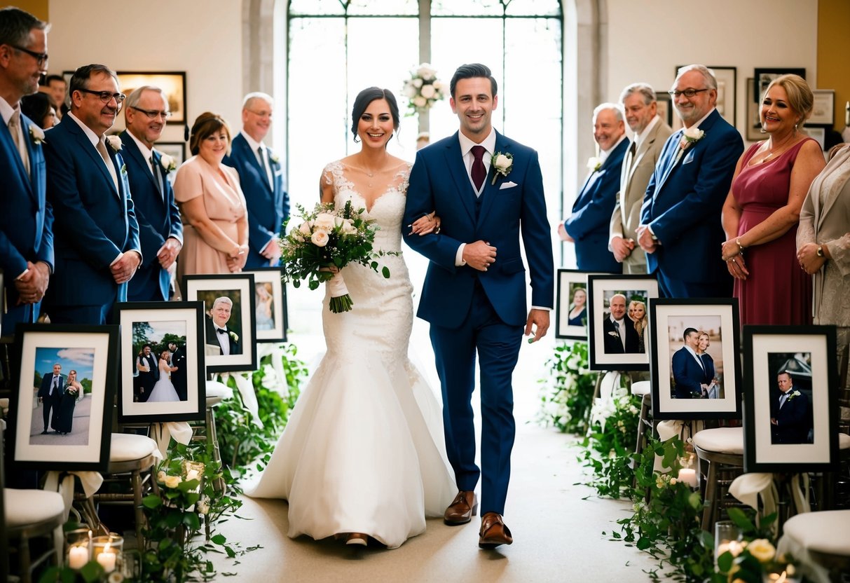 A bride and groom walk down the aisle together, surrounded by framed photographs and memorabilia