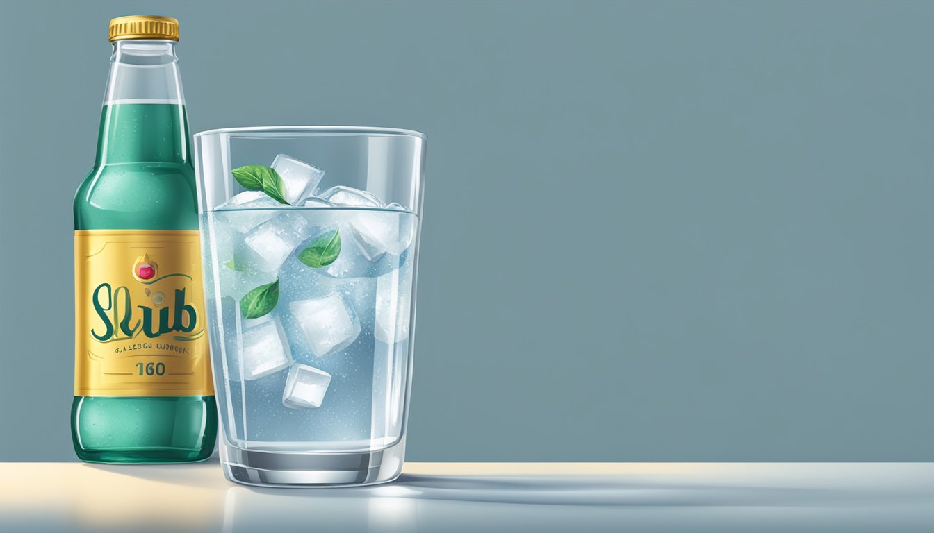 A glass filled with carbonated water, with a bottle of seltzer and club soda next to it