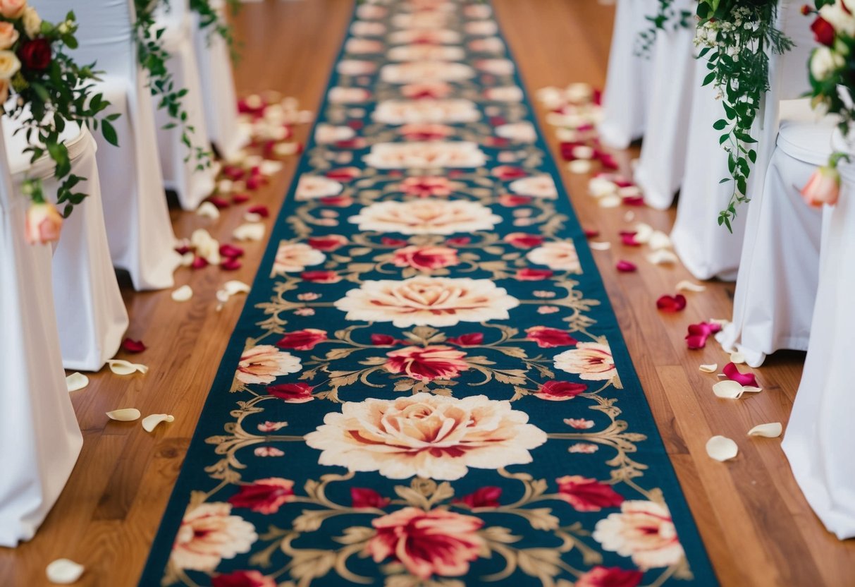 Aisle runner with intricate floral pattern and scattered rose petals
