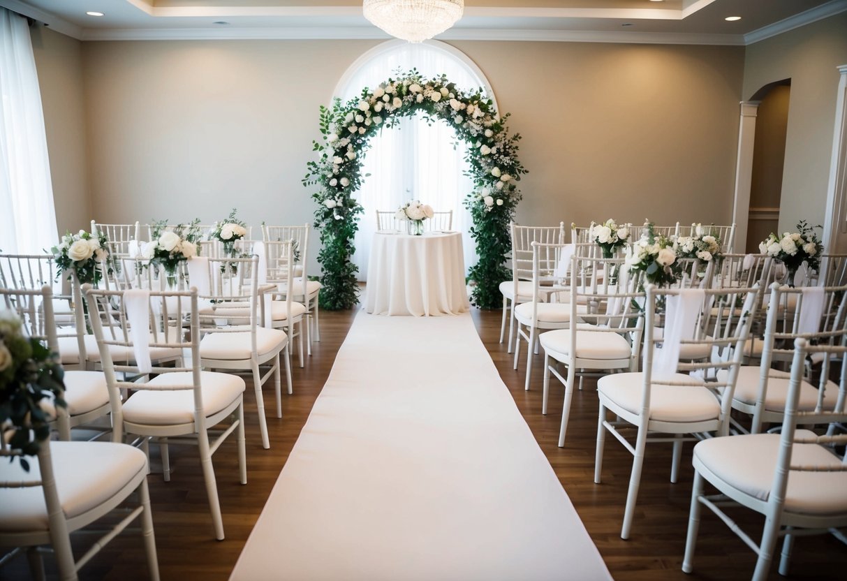 A wedding venue with neatly arranged chairs and a white aisle runner leading to an arch adorned with flowers. Tables are set with elegant place settings and centerpieces