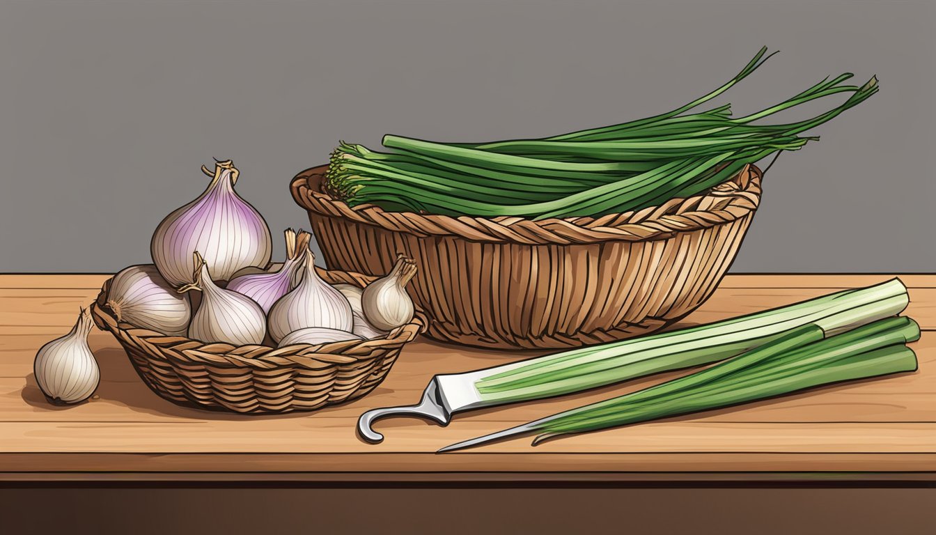 A kitchen counter with shallots and scallions in a basket, a knife, and a cutting board