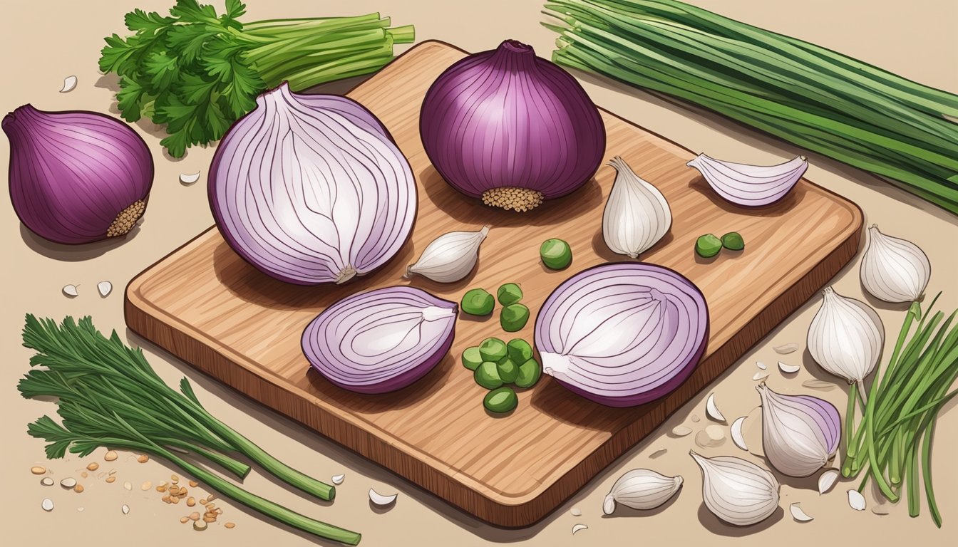 A cutting board with shallots and scallions, a knife slicing through them, and a bowl of chopped herbs and spices nearby