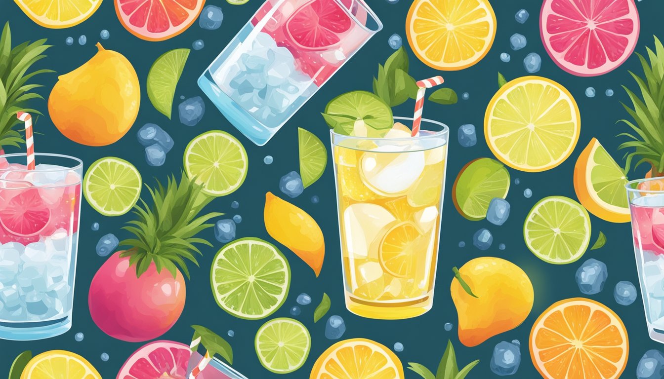 A glass of seltzer and a glass of club soda side by side, with various fruits and flavorings surrounding them