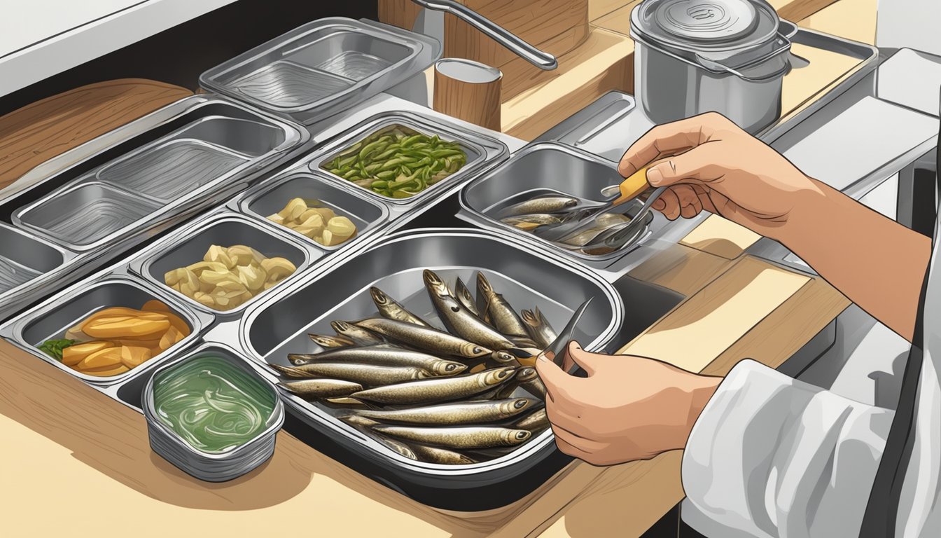 A person swapping a can of sardines for a can of anchovies while preparing a meal in a kitchen