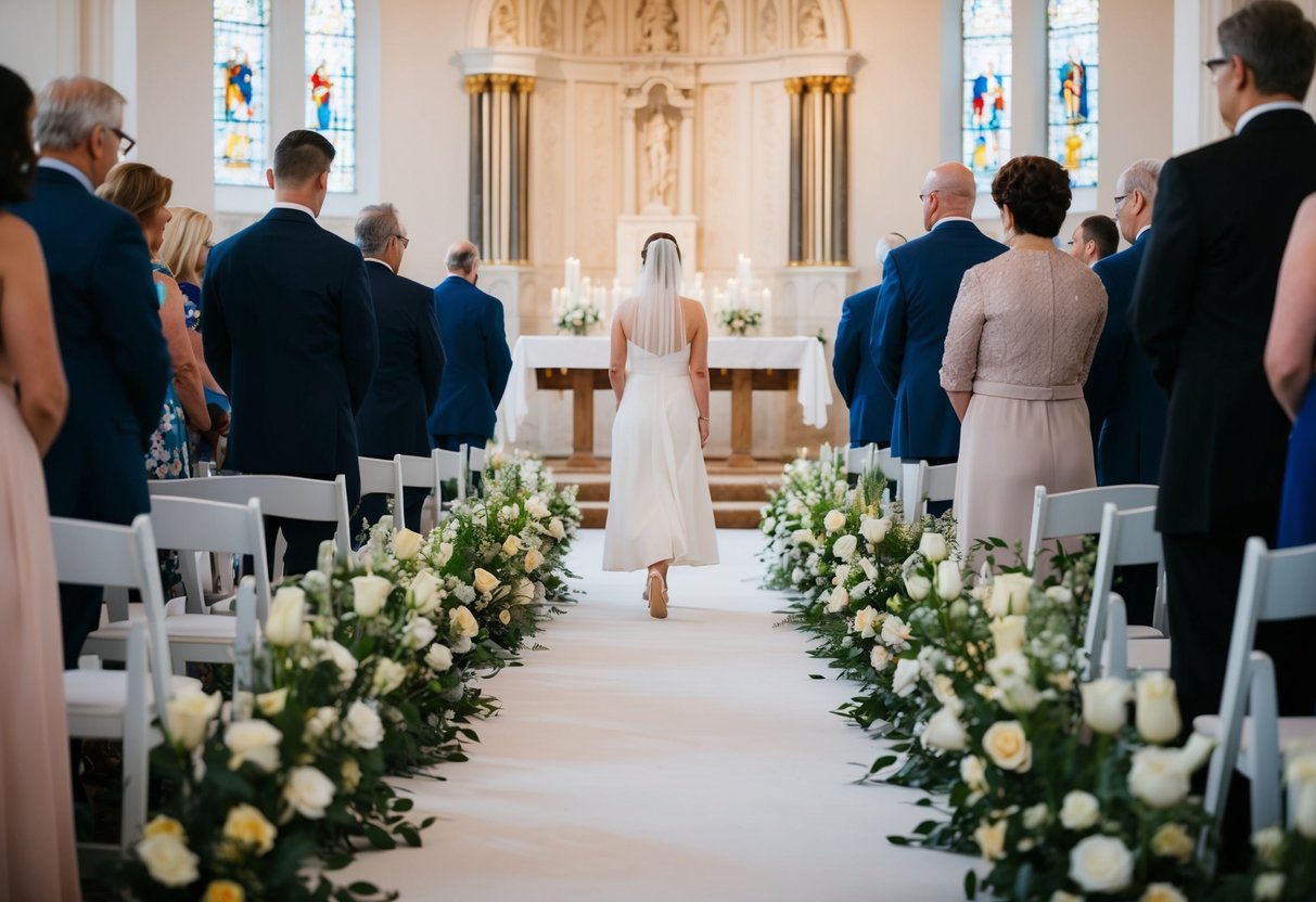 A lone figure walks down the flower-strewn aisle towards the waiting altar
