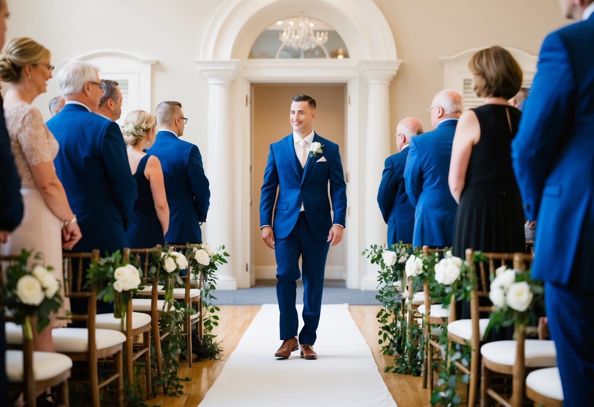 A groom stands at the end of the aisle, waiting to begin the wedding ceremony
