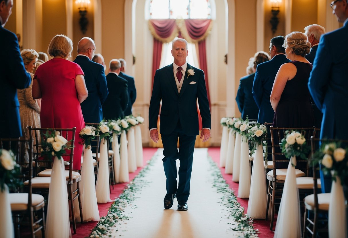 A figure in formal attire leads the way down a decorated aisle