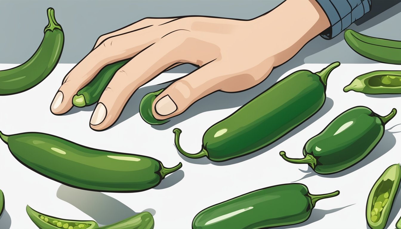 A hand reaching for a jalapeño pepper, while a Serrano pepper sits nearby as a potential substitute