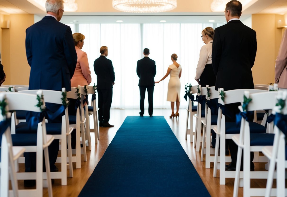 A figure stands at the end of a long aisle, awaiting another figure to approach and join them