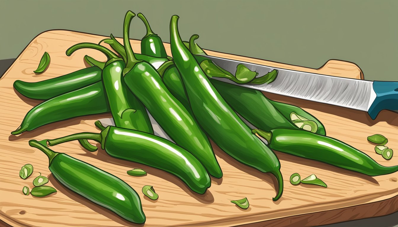 Serrano peppers being sliced and deseeded on a cutting board