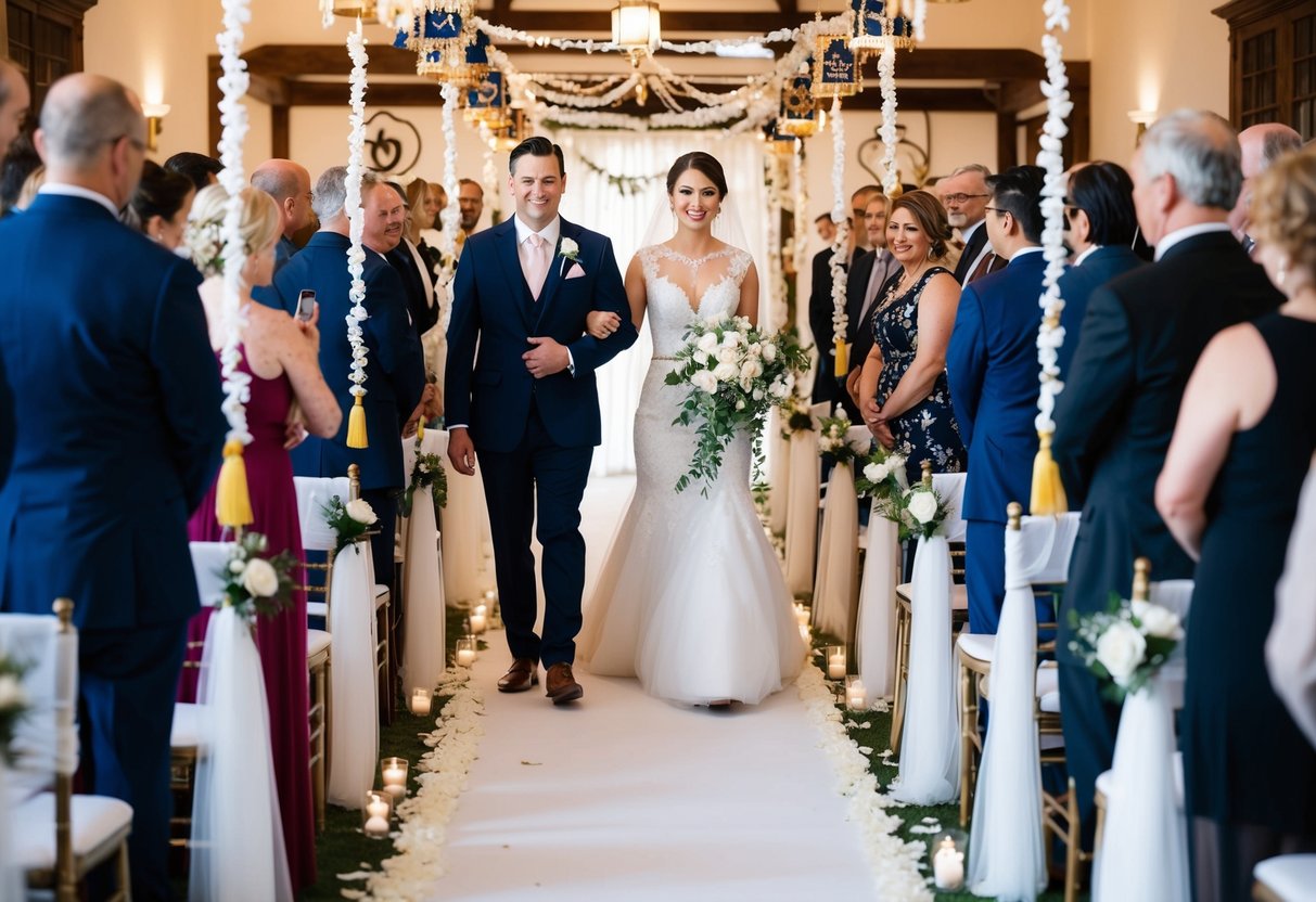 A bride walks down the aisle lined with traditional decorations and symbols, while a man stands at the end, waiting to receive her