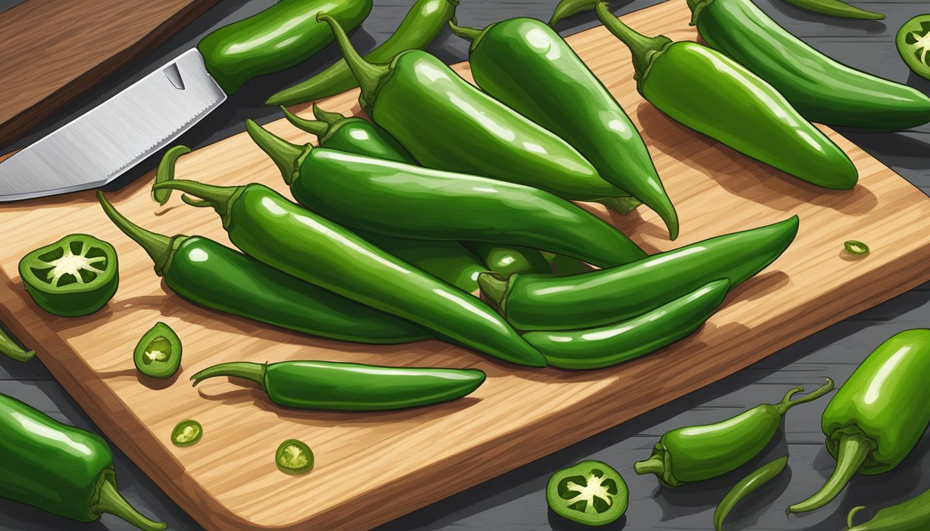 Serrano peppers and jalapeño peppers arranged on a cutting board, with a chef's knife slicing through them