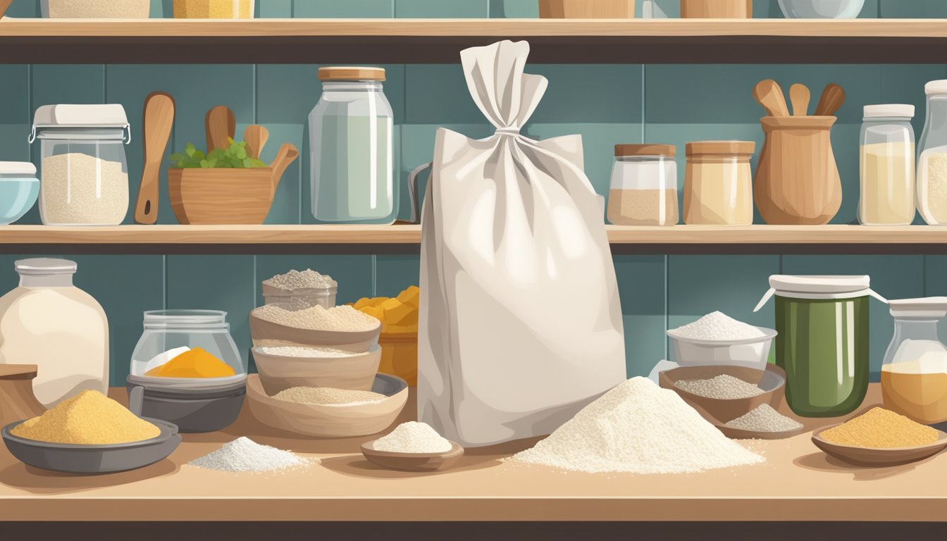 A bag of self-raising flour on a kitchen shelf, surrounded by other baking ingredients. A hand reaching for a bag of alternative flour