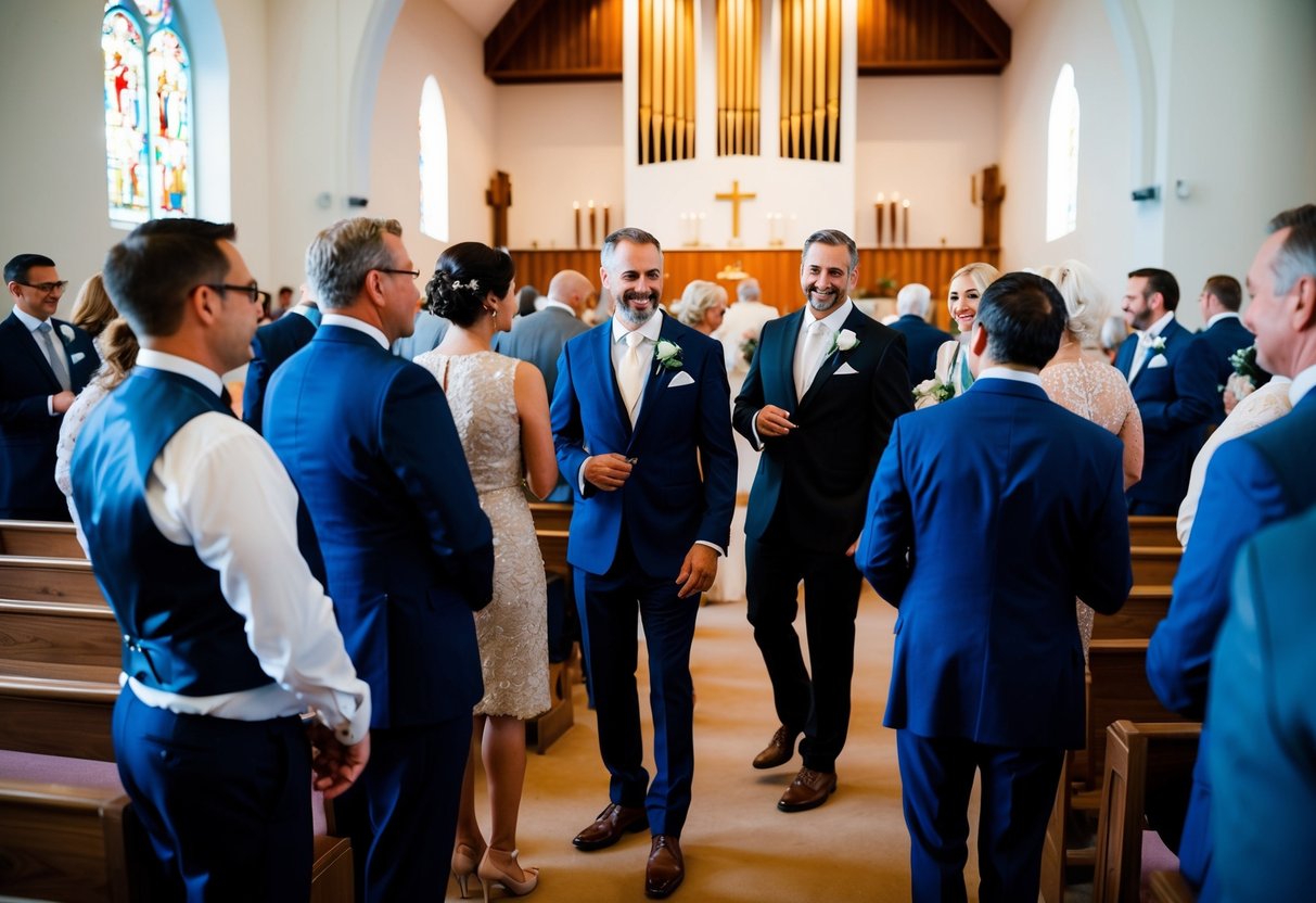 Guests in formal attire gather in a church or event space, chatting and mingling as they prepare for a wedding rehearsal
