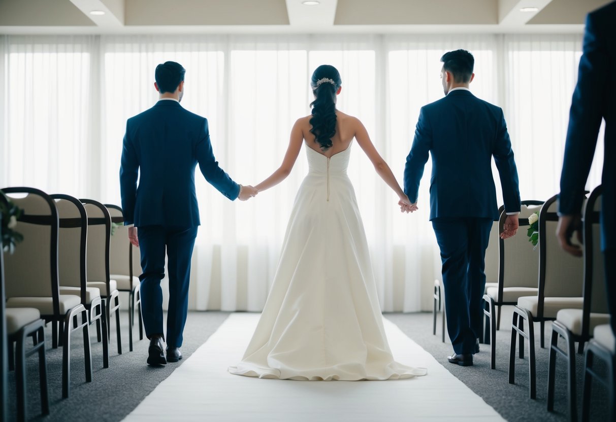 A figure stands at the end of an aisle, while another figure approaches from the opposite end, symbolizing the act of walking someone down the aisle