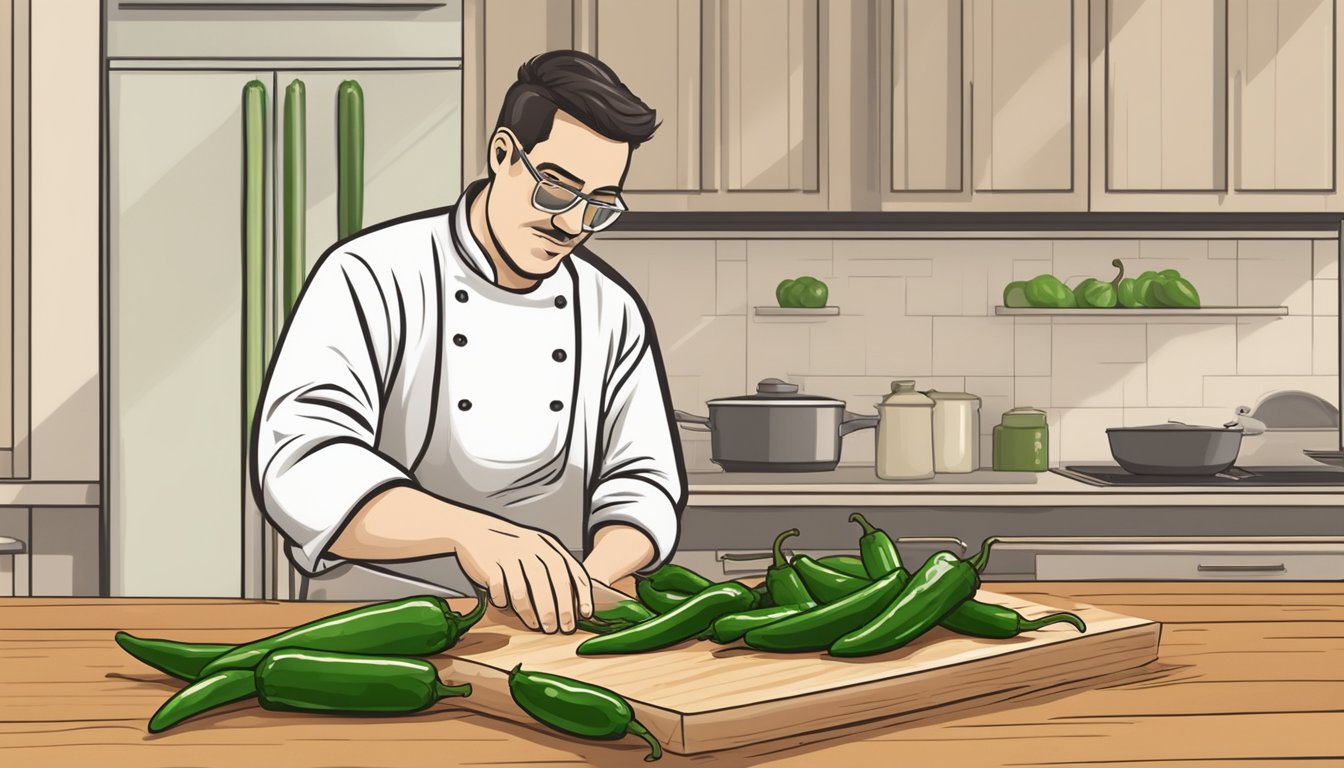 A chef swapping out serrano peppers for jalapeño peppers in a recipe, carefully slicing the spicy green peppers on a wooden cutting board