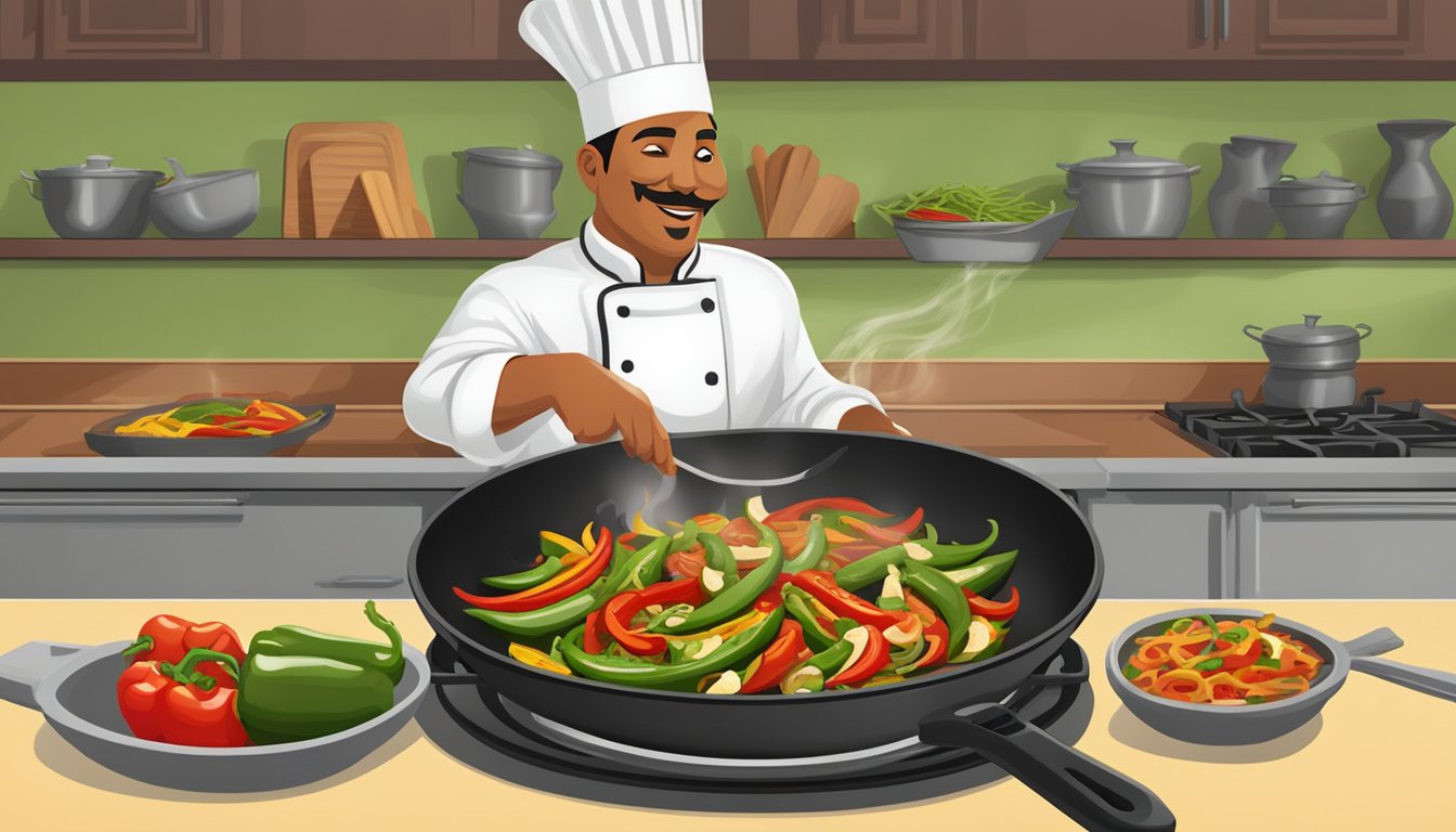 A chef swaps out jalapeño peppers for serrano peppers in a sizzling skillet of fajitas, adding a spicy kick to the sizzling dish