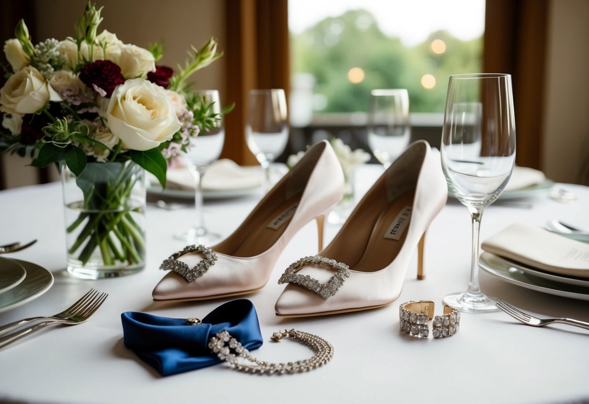 A table set with elegant jewelry, a silk scarf, and a pair of stylish shoes, all carefully selected for a wedding rehearsal