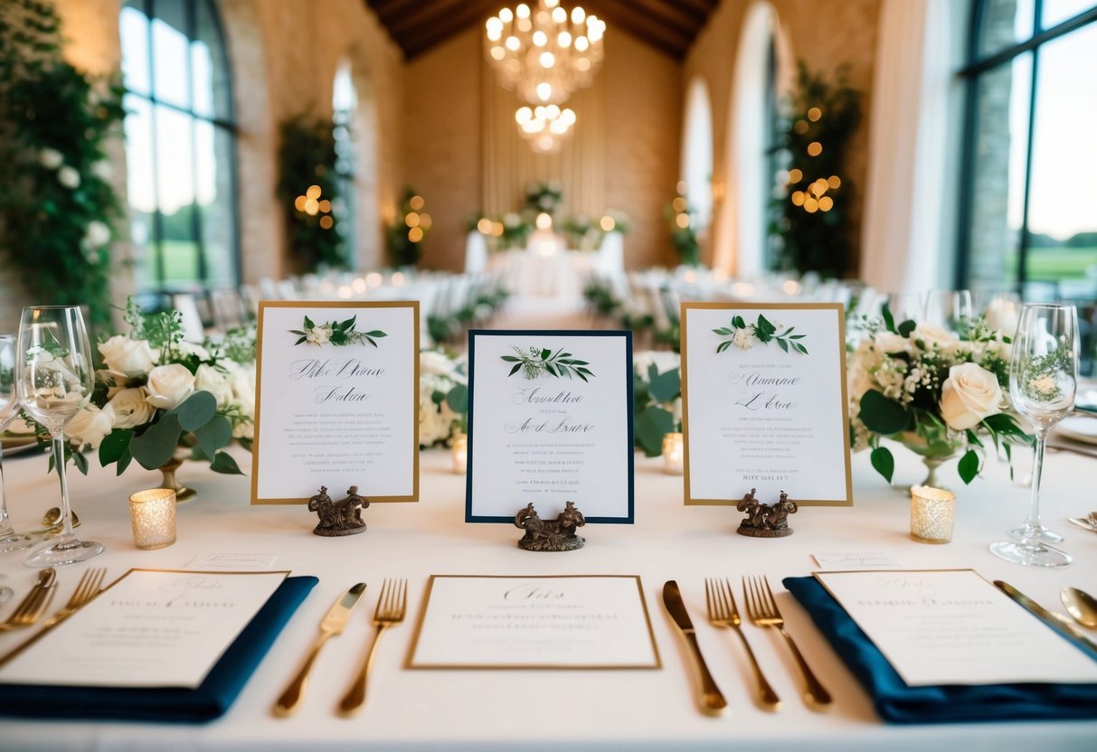 A beautifully decorated venue with elegant invitations displayed, and considerations for guest seating and attire
