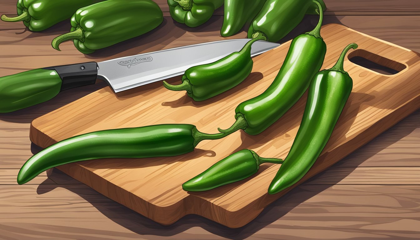 Serrano peppers and jalapeño peppers displayed on a cutting board, with a chef's knife and a bowl of diced peppers nearby