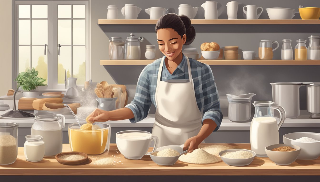 A baker pouring skim milk into a measuring cup while surrounded by various baking ingredients and utensils on a kitchen counter