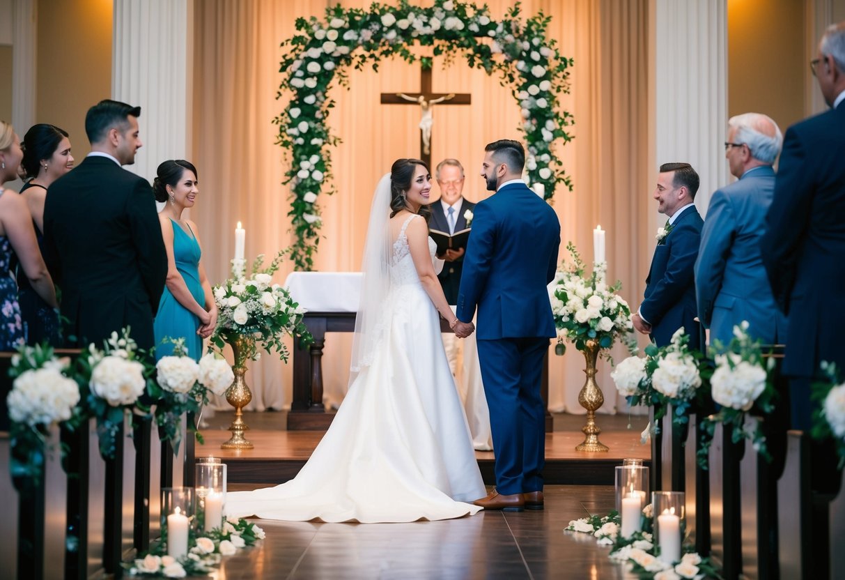 A couple stands at the altar, surrounded by floral decorations and elegant lighting. They discuss and choose their wedding aisle song, reflecting their unique style and theme
