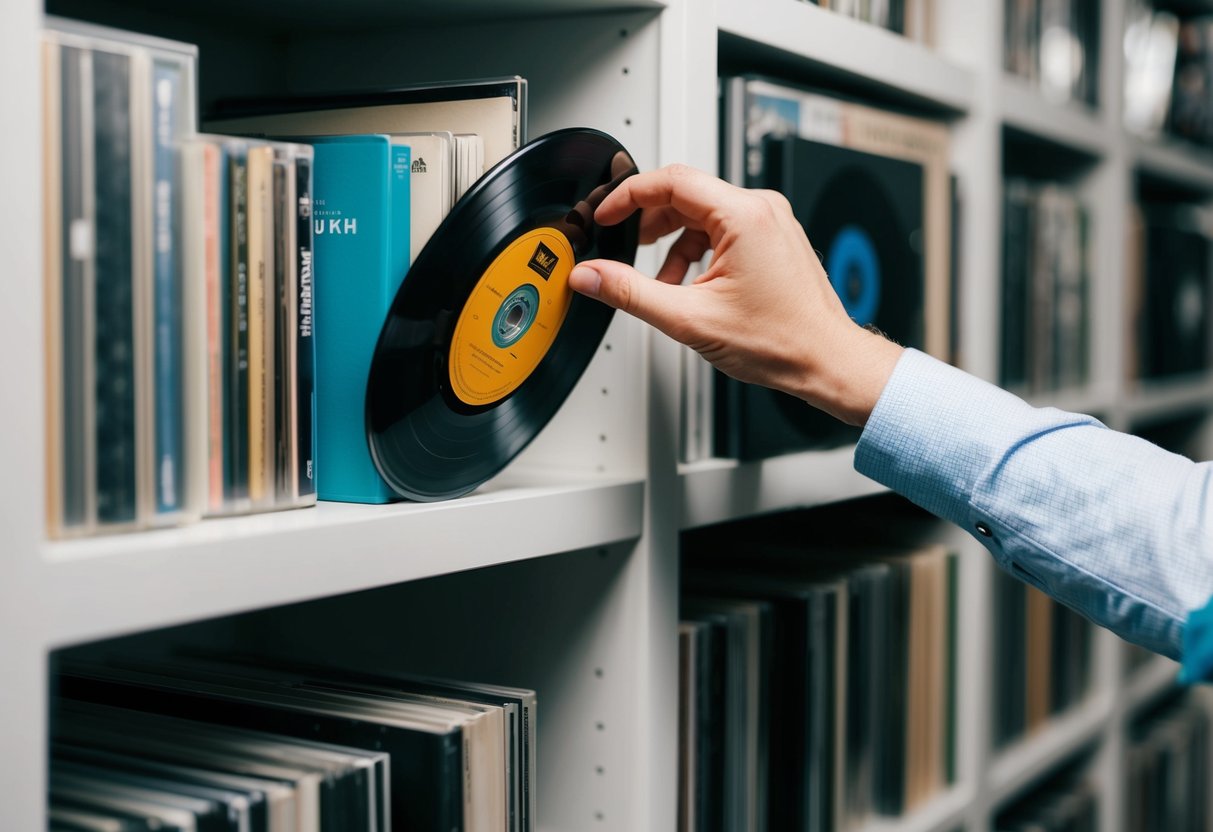 A hand reaches for a record on a shelf of music, surrounded by other albums and CDs