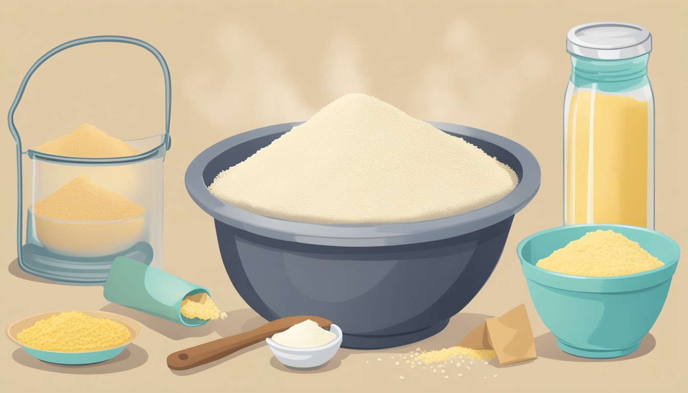 A person measuring and pouring semolina into a mixing bowl, alongside a bag of flour and a list of dietary restrictions