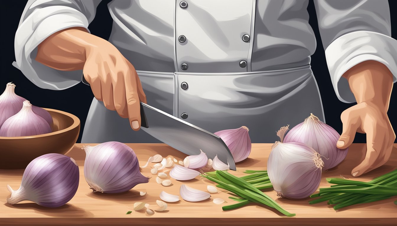 A chef chopping shallots instead of onions for a recipe, with a bowl of diced shallots next to a cutting board