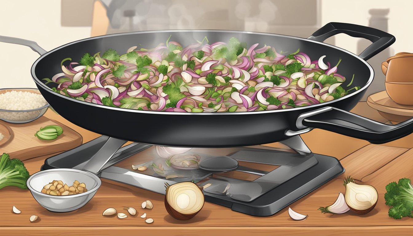 Chopped shallots replacing onions in a sizzling pan of stir-fry