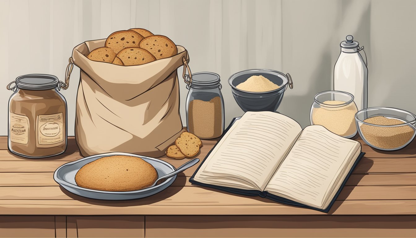 A rustic kitchen with various baked goods, a bag of sorghum flour, and a recipe book open to a page on how to substitute sorghum flour for wheat flour