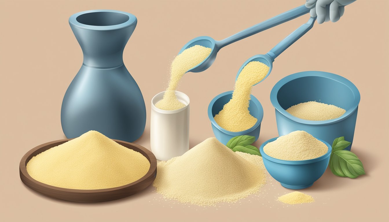 A hand pouring semolina and flour into separate containers, with other substitute ingredients nearby