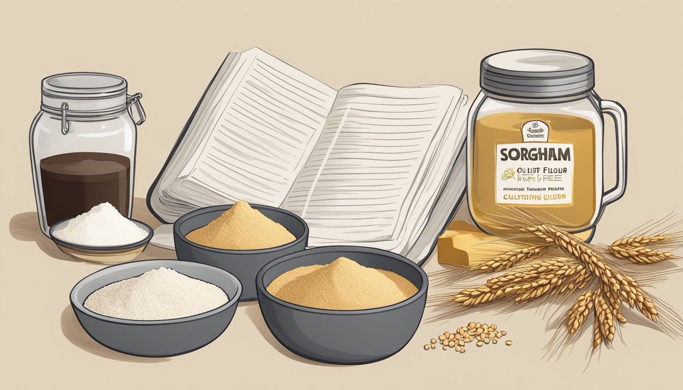 A kitchen counter with bowls of sorghum flour and wheat flour, measuring cups, and a recipe book open to a page on alternative gluten-free flours