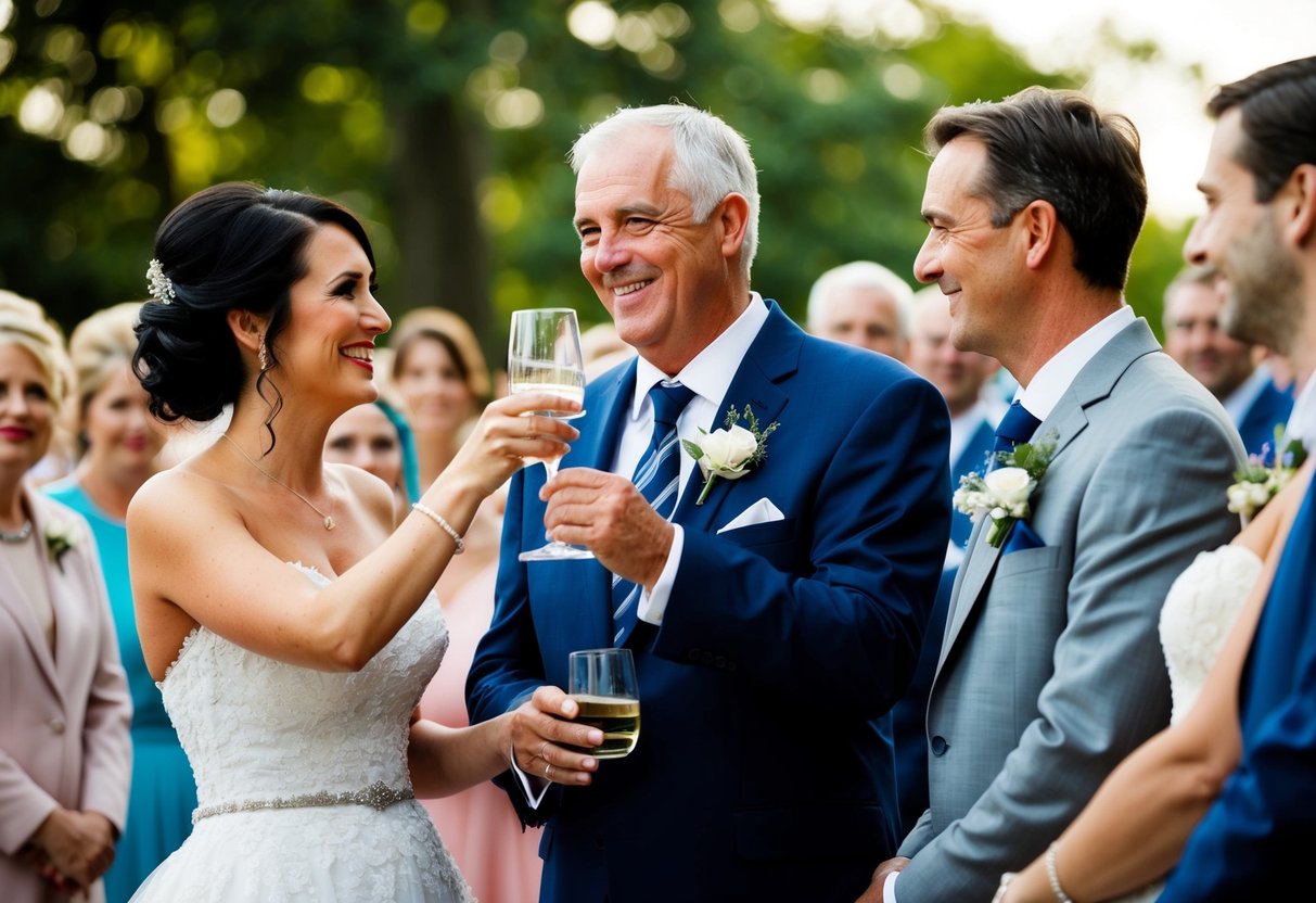 The father of the bride raises a glass to the couple, smiling warmly as they stand together at the center of attention