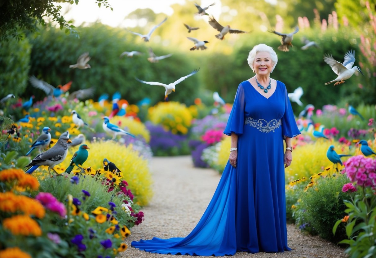 A garden filled with vibrant flowers and a colorful array of birds, with a graceful, elderly woman in a flowing, royal blue dress