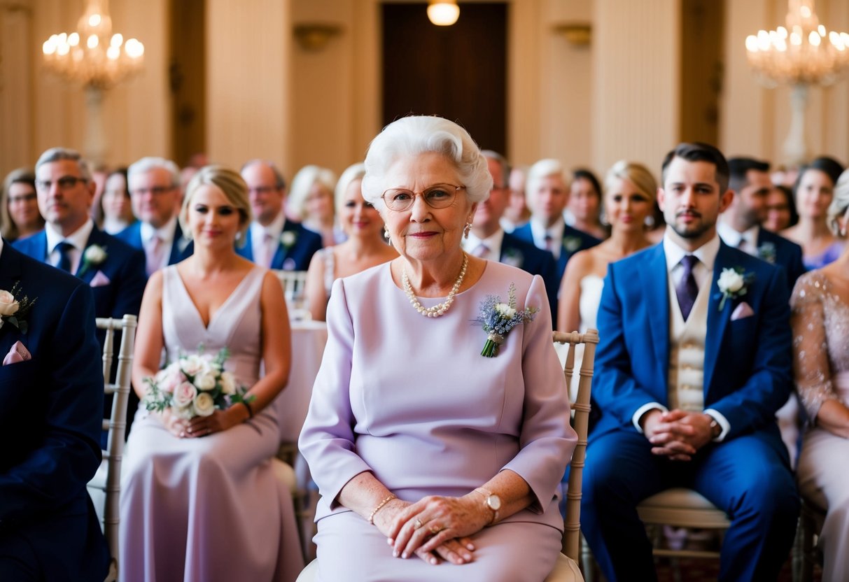 A grandmother in a soft lavender dress, seated among a sea of elegant wedding guests in a grand ballroom