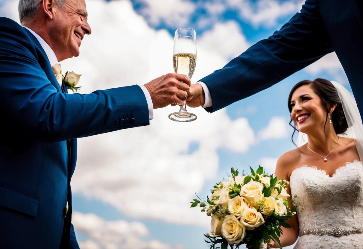 The father of the bride raises a champagne glass towards the newlywed couple, smiling warmly