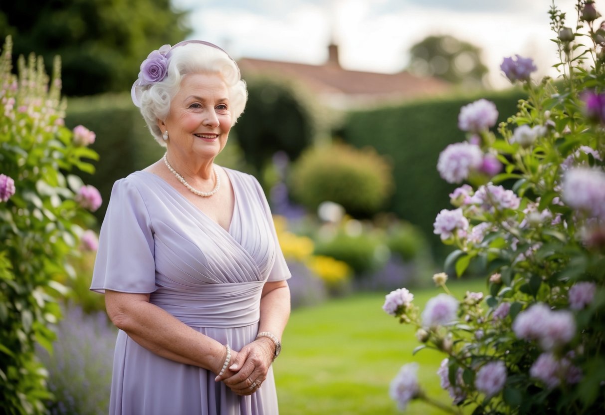 A grandmother wearing a soft lavender dress and matching accessories, standing in a garden with blooming flowers, preparing for a wedding