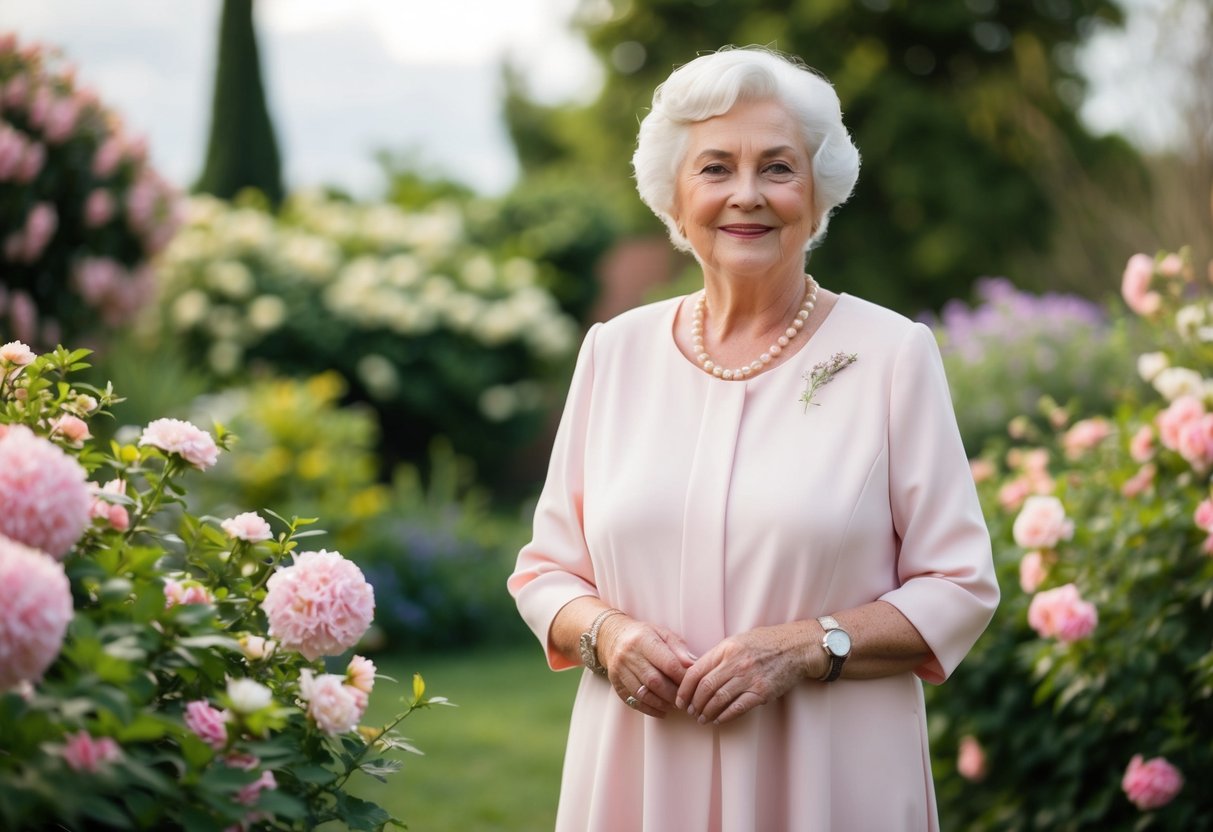 A grandmother wearing a soft pastel pink dress, surrounded by blooming flowers and greenery in a garden setting