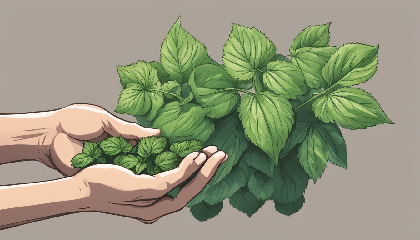 A hand reaching for shiso leaves beside a basil plant