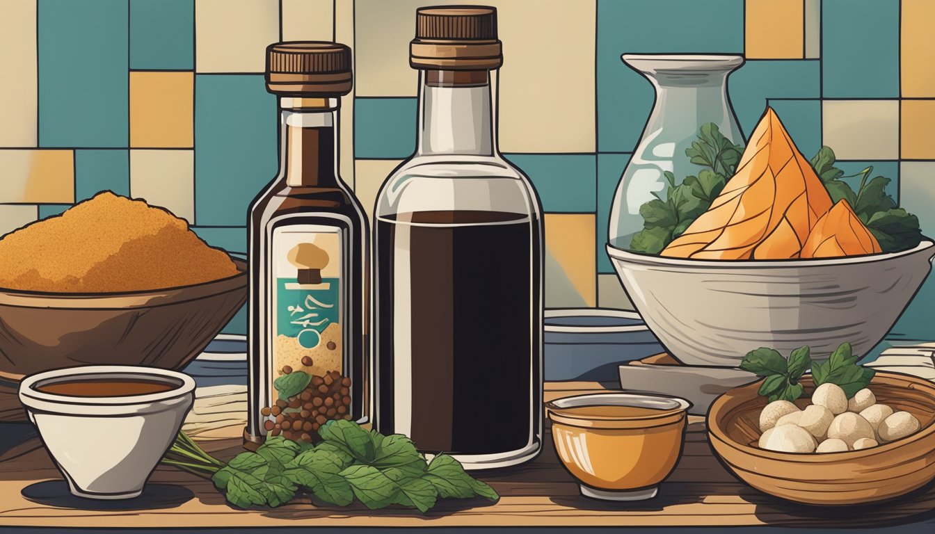 A bottle of soy sauce next to a bottle of tamari, with various ingredients and spices surrounding them, suggesting a process of substitution