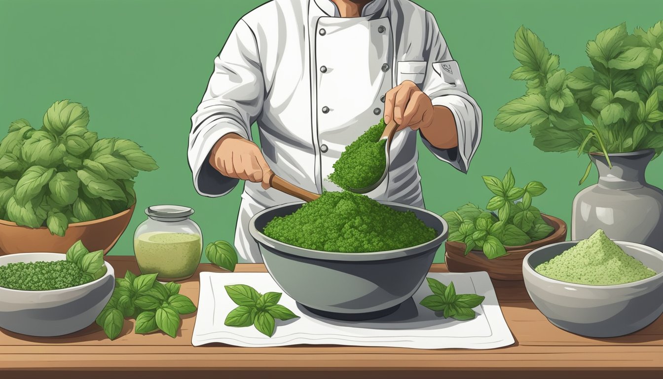 A chef swapping shiso leaves for basil in a pesto recipe, surrounded by fresh herbs and a mortar and pestle