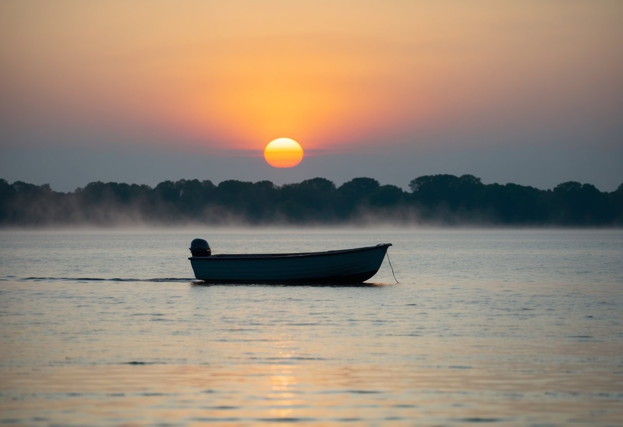 A sunrise over a calm, misty lake with a lone boat drifting in the distance
