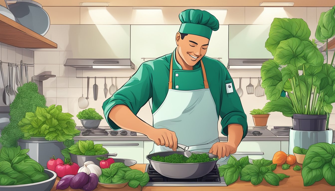 A chef swapping shiso for basil in a vibrant kitchen, surrounded by fresh ingredients and cooking utensils