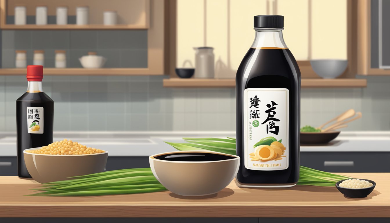 A bottle of soy sauce and a bottle of tamari sitting side by side on a kitchen counter